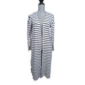 J Jill Maxi Cardigan Womens‎ S Black White Stripe Open Front Lightweight Pocket